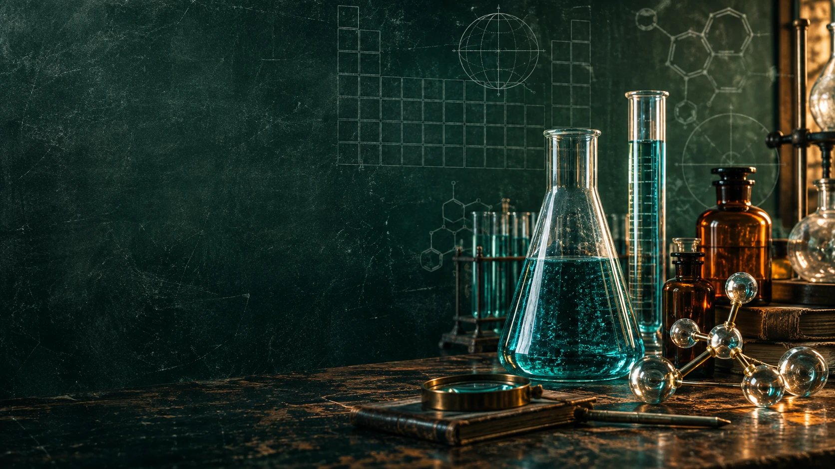An atmospheric chemistry classroom with amber reagent bottles, glass flasks, a molecular model, and a periodic-table chalkboard
