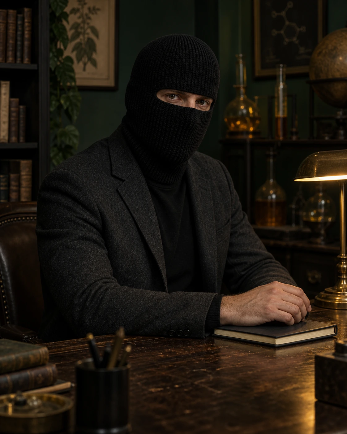 Imagined portrait of Silas Voss in a black balaclava and charcoal jacket, seated at a writing desk in a shadowy study